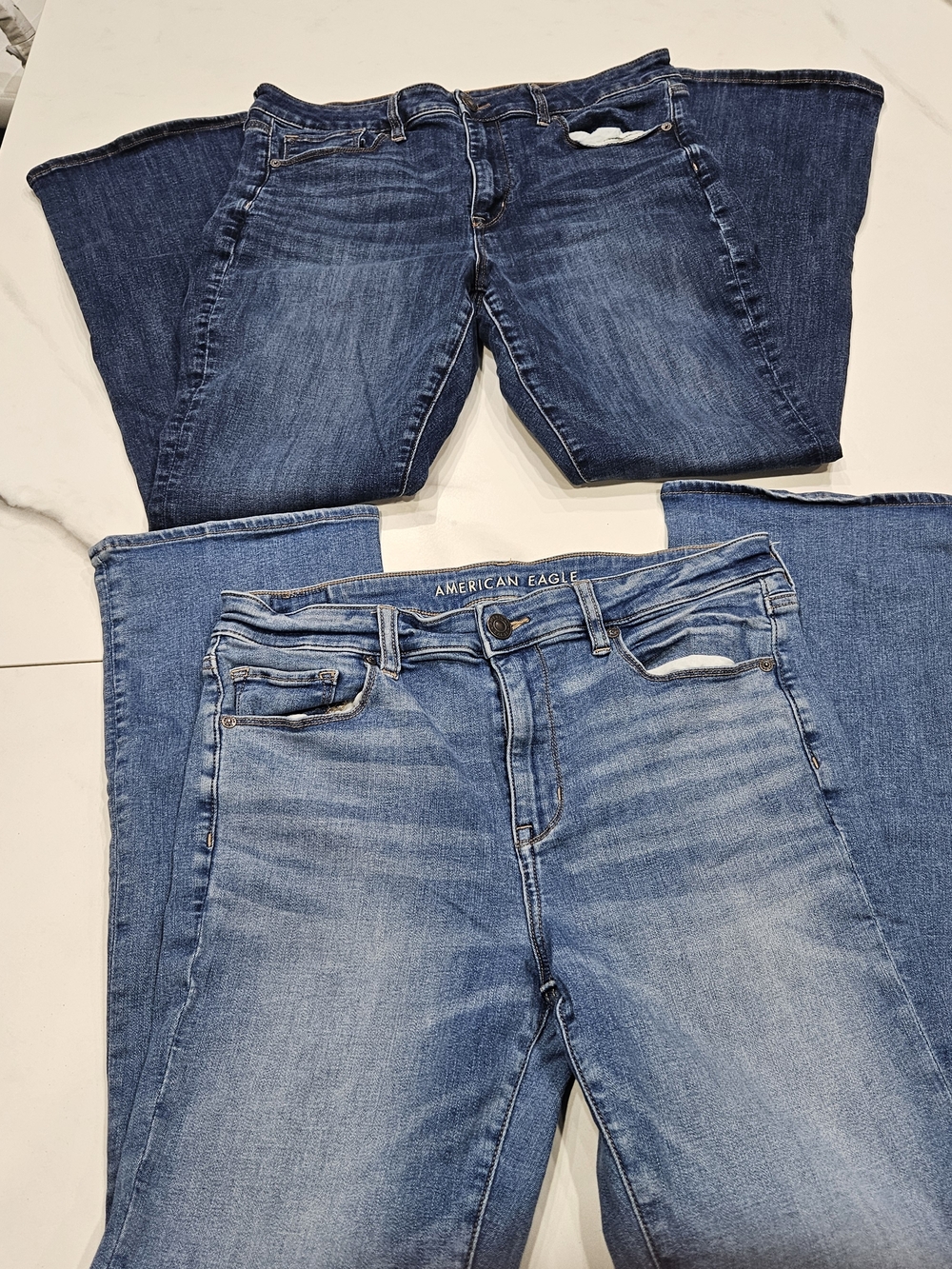 Two Pairs Skinny Kick American Eagle Light and Dark Blue Flare Jeans Duo